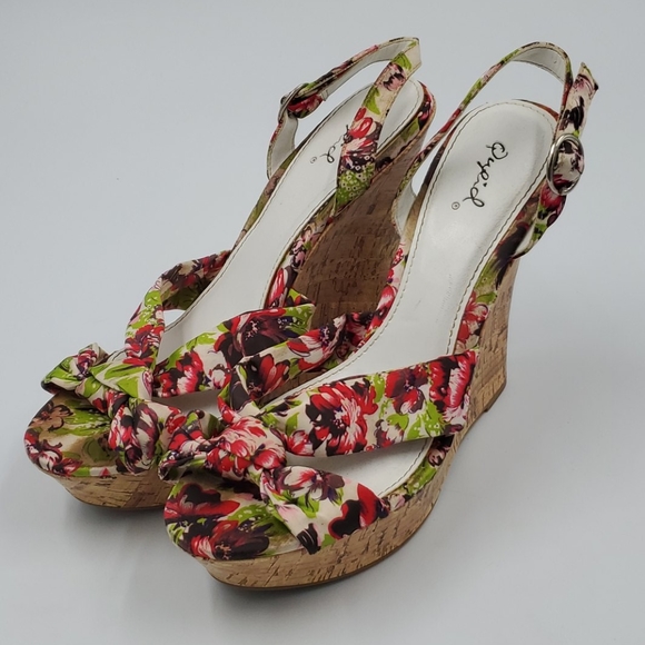 Qupid Shoes - Qupid Floral Strappy Slingback Cork Wedge